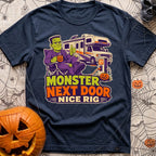 Monster Says Nice Rig - T-Shirt in Navy - A cartoon illustration of Frankenstein's monster sitting in a camp chair giving...
