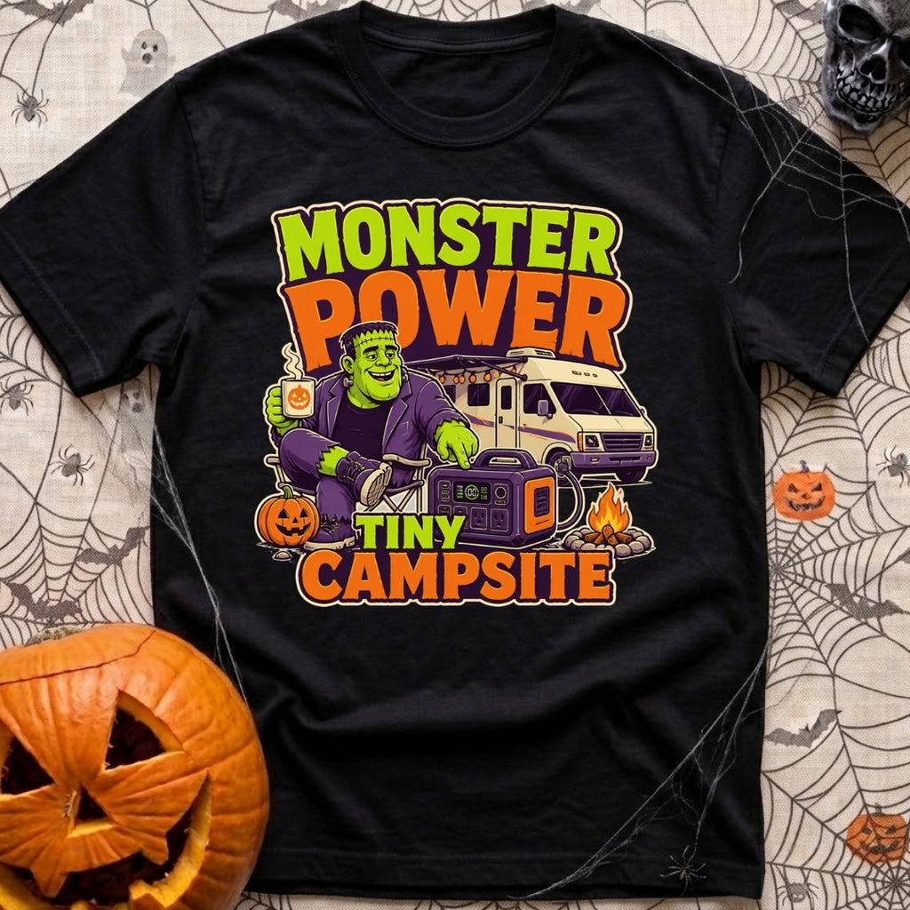 Monster Power Mini Camp - T-Shirt in Black - A cartoon illustration of Frankenstein's monster sitting in a camp chair...