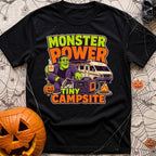 Monster Power Mini Camp - T-Shirt in Black - A cartoon illustration of Frankenstein's monster sitting in a camp chair...