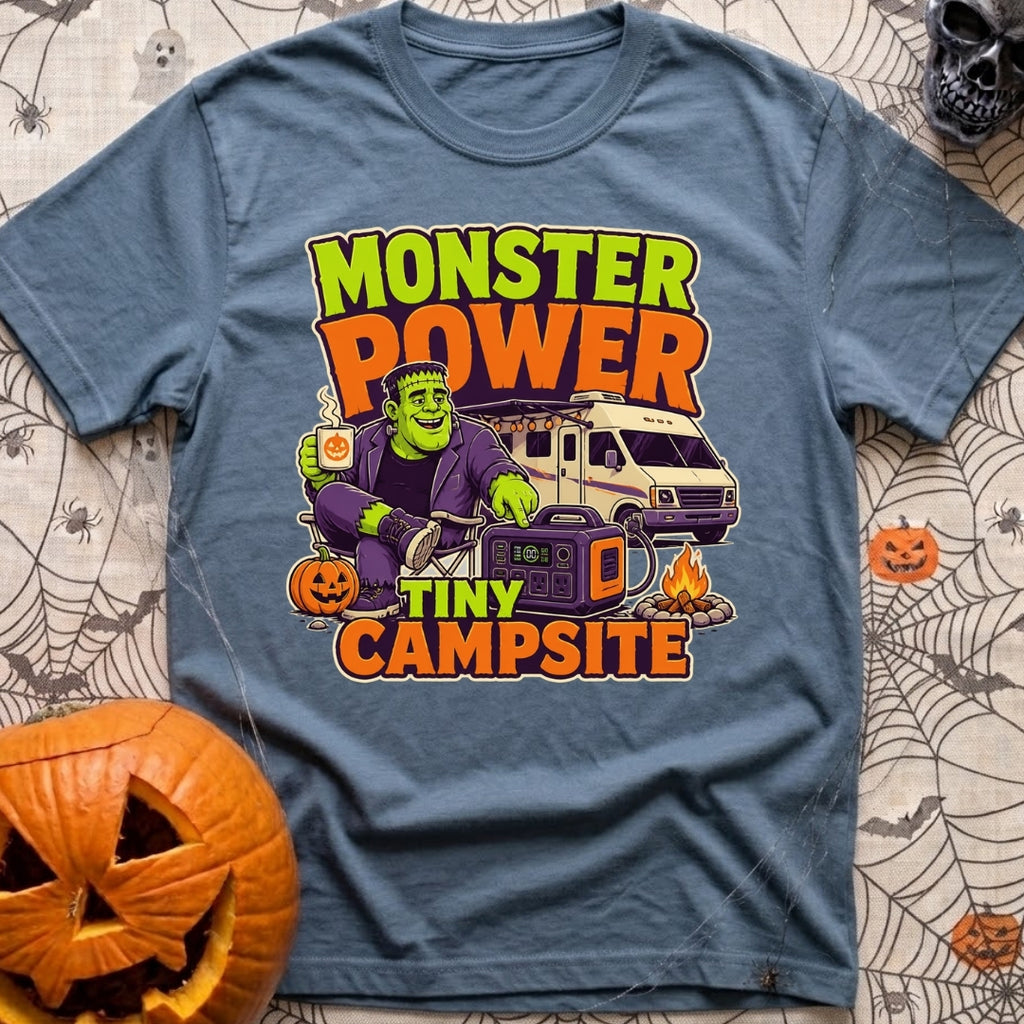 Monster Power Mini Camp - T-Shirt in Blue Jean - A cartoon illustration of Frankenstein's monster sitting in a camp chair...