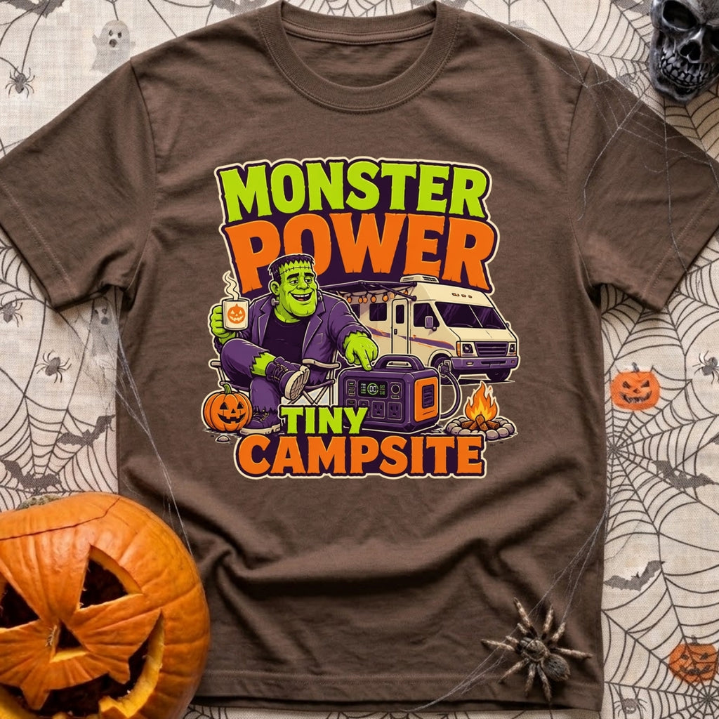 Monster Power Mini Camp - T-Shirt in Espresso - A cartoon illustration of Frankenstein's monster sitting in a camp chair...