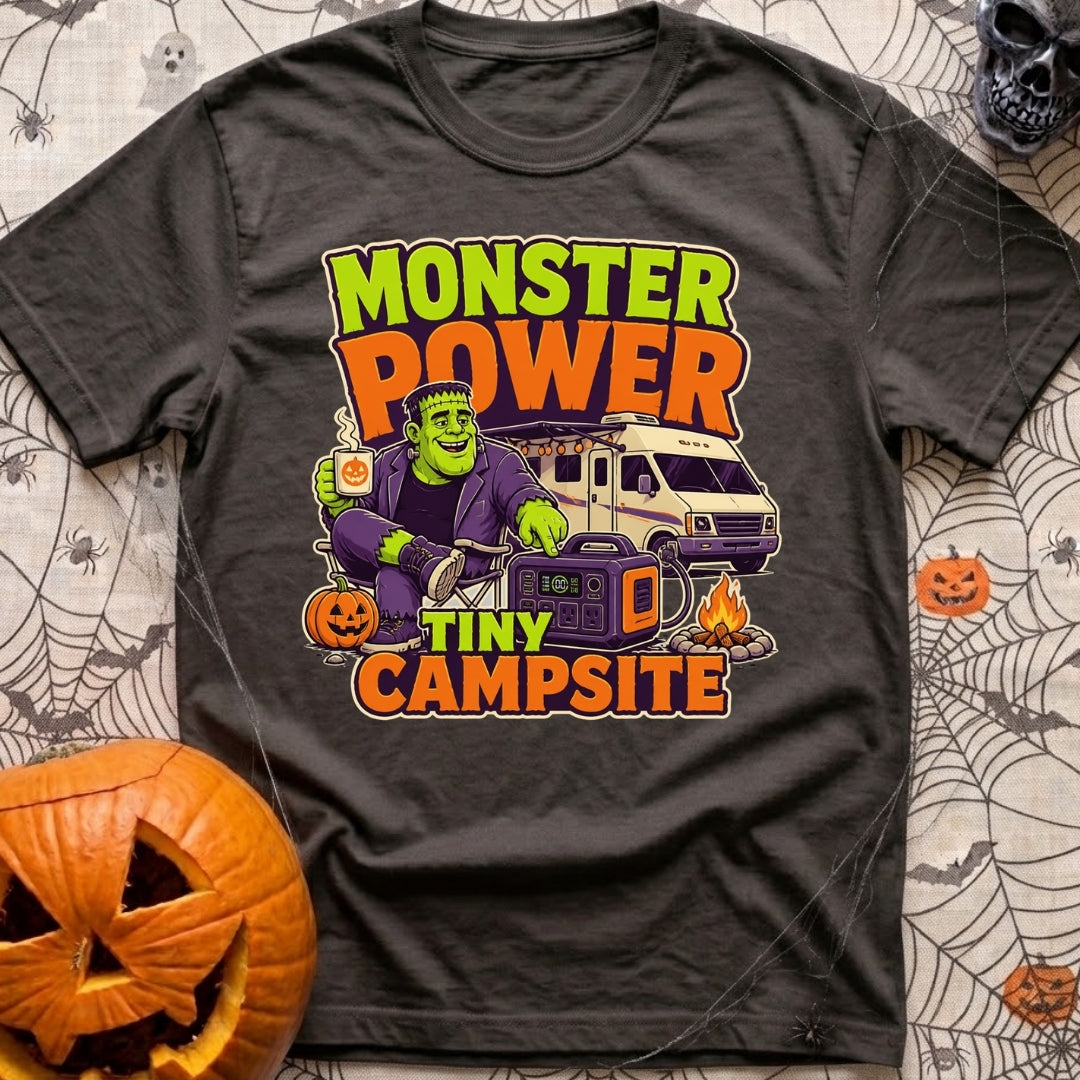 Monster Power Mini Camp - T-Shirt in Graphite - A cartoon illustration of Frankenstein's monster sitting in a camp chair...