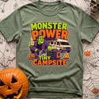 Monster Power Mini Camp - T-Shirt in Moss - A cartoon illustration of Frankenstein's monster sitting in a camp chair...