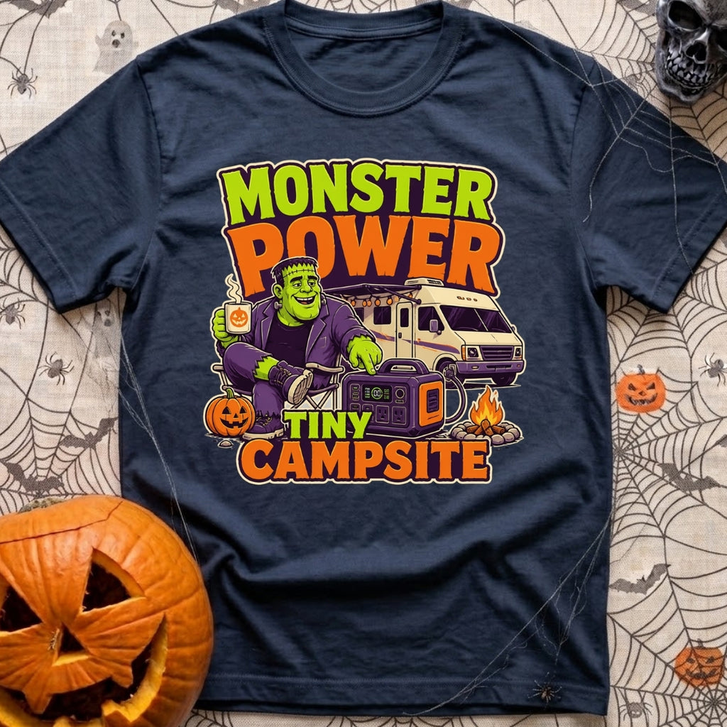 Monster Power Mini Camp - T-Shirt in Navy - A cartoon illustration of Frankenstein's monster sitting in a camp chair...
