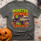 Monster Power Mini Camp - T-Shirt in Pepper - A cartoon illustration of Frankenstein's monster sitting in a camp chair...