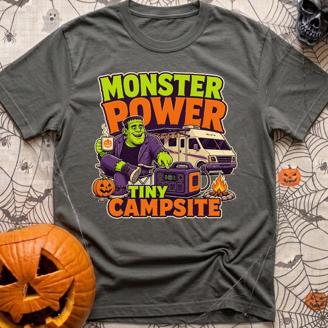 Monster Power Mini Camp - T-Shirt in Pepper - A cartoon illustration of Frankenstein's monster sitting in a camp chair...