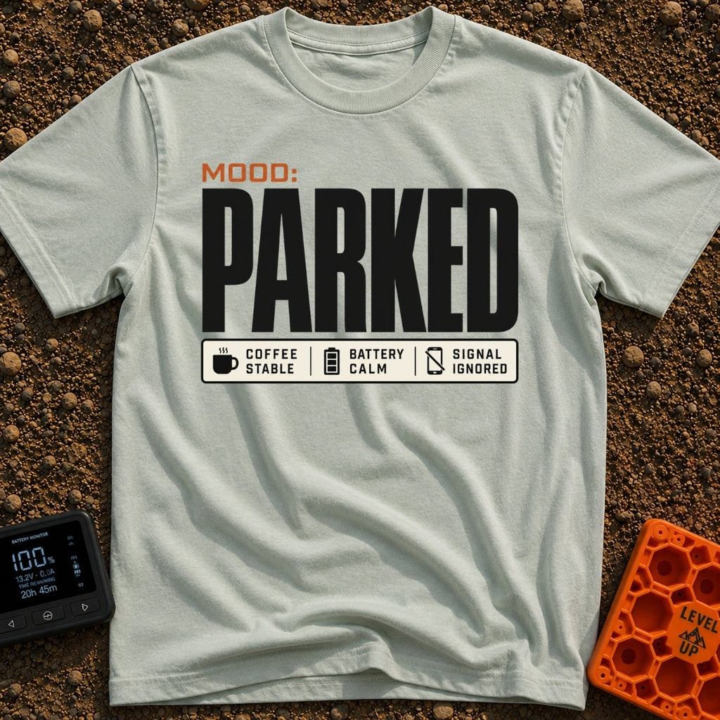 Mood Set To Parked - T-Shirt in Bay - A typographic design featuring the large text 'MOOD: PARKED' above a status bar box...