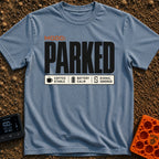Mood Set To Parked - T-Shirt in Blue Jean - A typographic design featuring the large text 'MOOD: PARKED' above a status...