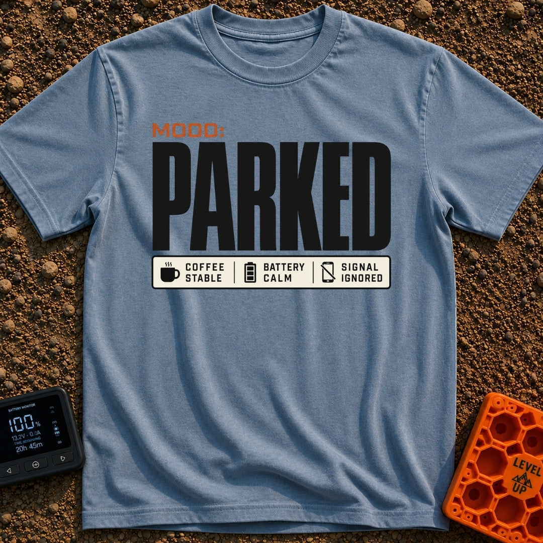 Mood Set To Parked - T-Shirt in Blue Jean - A typographic design featuring the large text 'MOOD: PARKED' above a status...