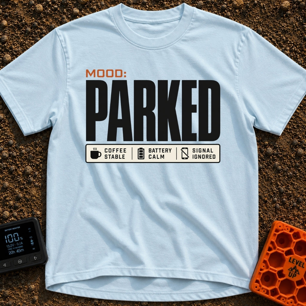 Mood Set To Parked - T-Shirt in Chambray - A typographic design featuring the large text 'MOOD: PARKED' above a status...