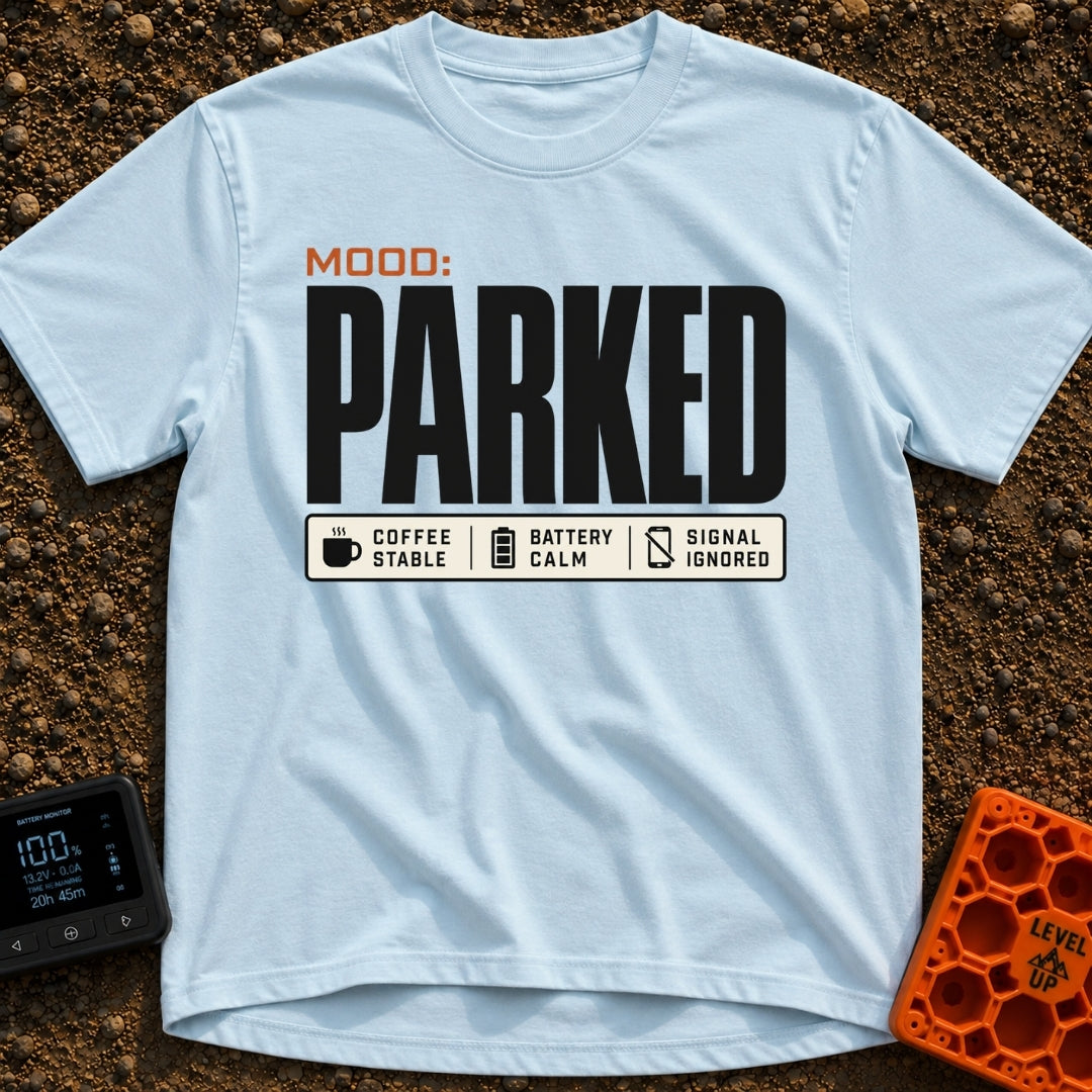 Mood Set To Parked - T-Shirt in Chambray - A typographic design featuring the large text 'MOOD: PARKED' above a status...