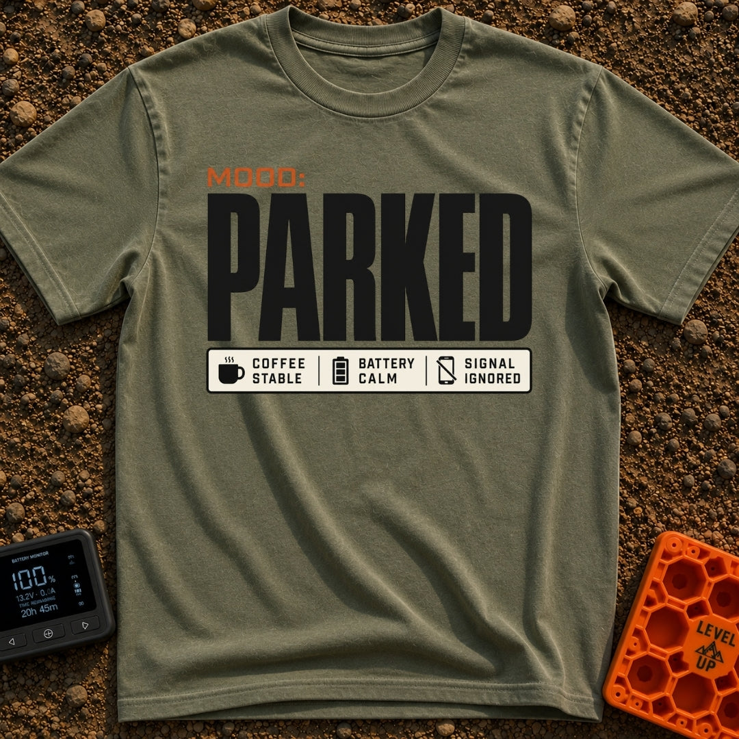 Mood Set To Parked - T-Shirt in Moss - A typographic design featuring the large text 'MOOD: PARKED' above a status bar...