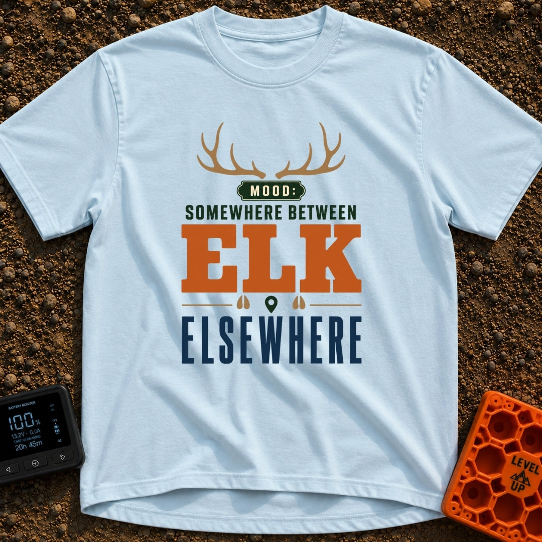 Between Elk And Elsewhere - T-Shirt in Chambray - A typographic design featuring a pair of elk antlers at the top above...