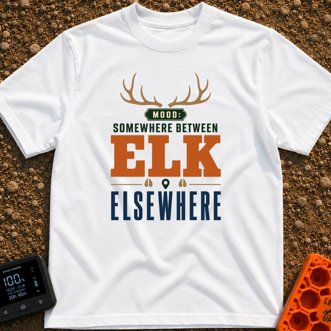 Between Elk And Elsewhere - T-Shirt in White - A typographic design featuring a pair of elk antlers at the top above the...