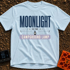 Nature's Night Light - T-Shirt in Chambray - A typographic design reading "MOONLIGHT IS THE CAMPGROUND LAMP" featuring a...