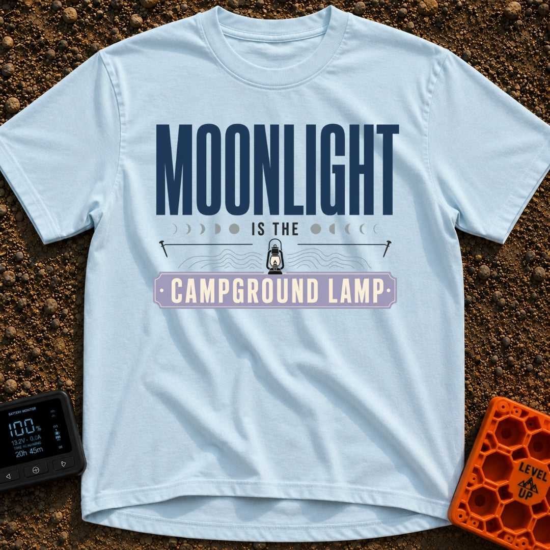 Nature's Night Light - T-Shirt in Chambray - A typographic design reading "MOONLIGHT IS THE CAMPGROUND LAMP" featuring a...