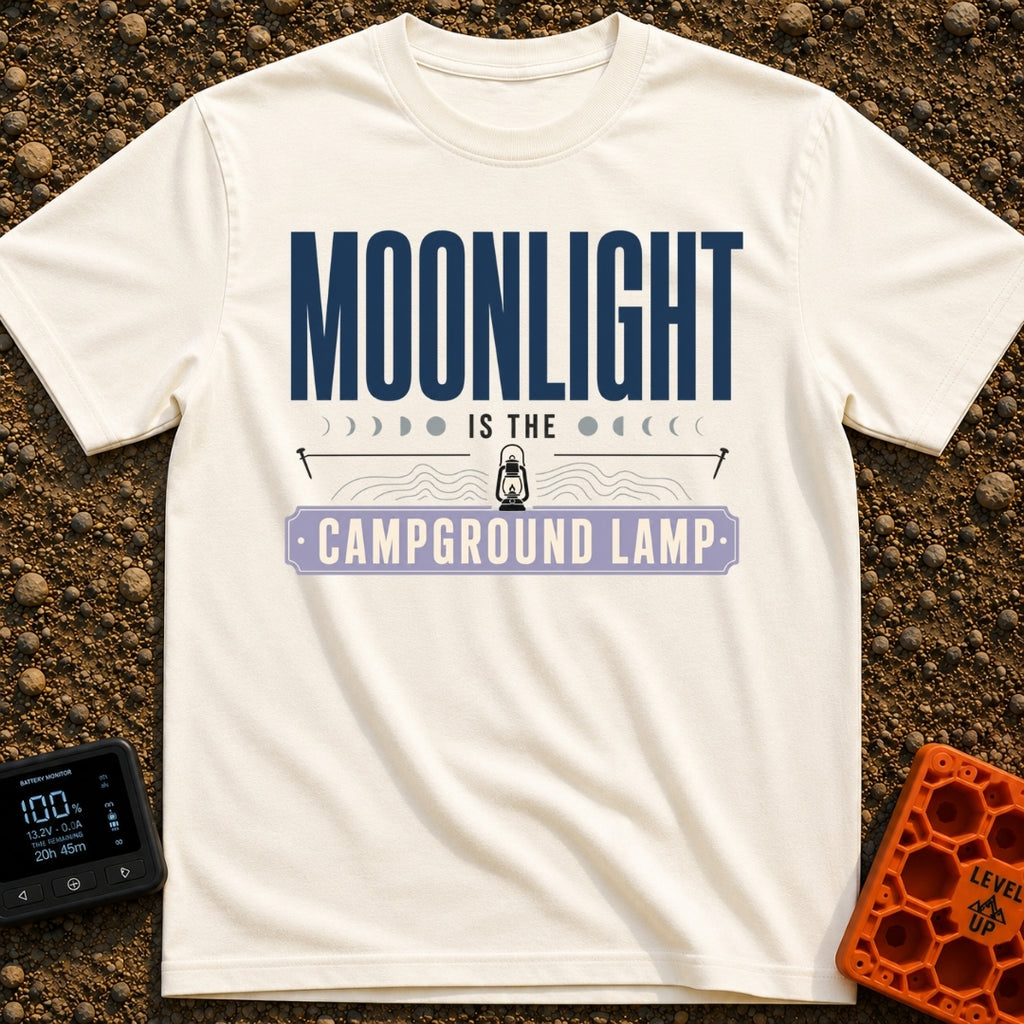Nature's Night Light - T-Shirt in Ivory - A typographic design reading "MOONLIGHT IS THE CAMPGROUND LAMP" featuring a...