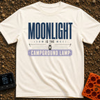 Nature's Night Light - T-Shirt in Ivory - A typographic design reading "MOONLIGHT IS THE CAMPGROUND LAMP" featuring a...