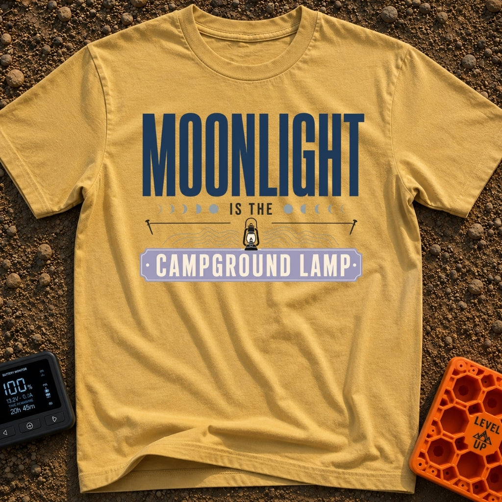 Nature's Night Light - T-Shirt in Mustard - A typographic design reading "MOONLIGHT IS THE CAMPGROUND LAMP" featuring a...