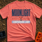 Nature's Night Light - T-Shirt in Watermelon - A typographic design reading "MOONLIGHT IS THE CAMPGROUND LAMP" featuring...