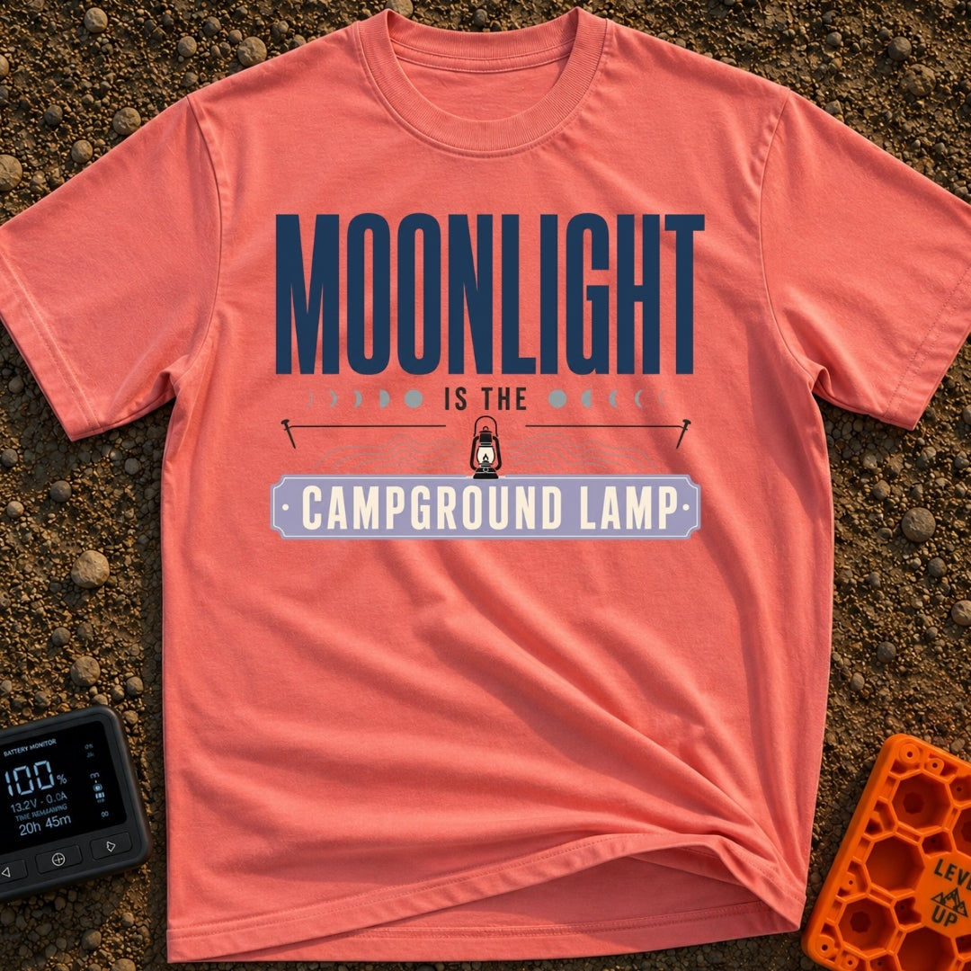 Nature's Night Light - T-Shirt in Watermelon - A typographic design reading "MOONLIGHT IS THE CAMPGROUND LAMP" featuring...