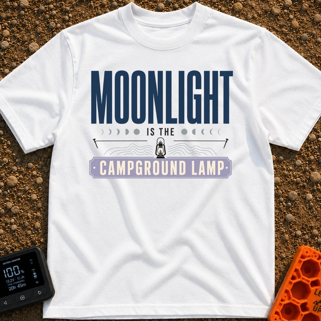 Nature's Night Light - T-Shirt in White - A typographic design reading "MOONLIGHT IS THE CAMPGROUND LAMP" featuring a...