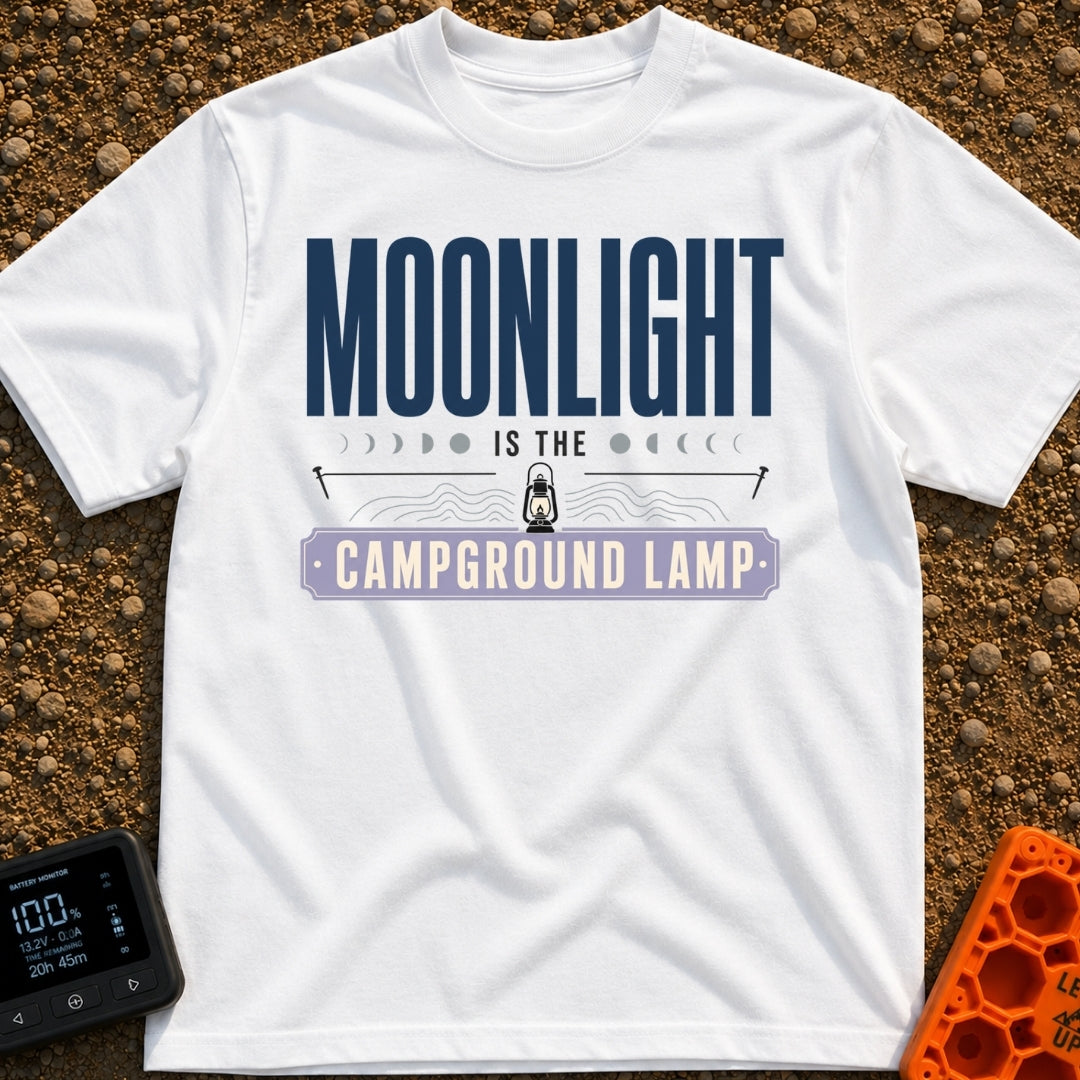Nature's Night Light - T-Shirt in White - A typographic design reading "MOONLIGHT IS THE CAMPGROUND LAMP" featuring a...