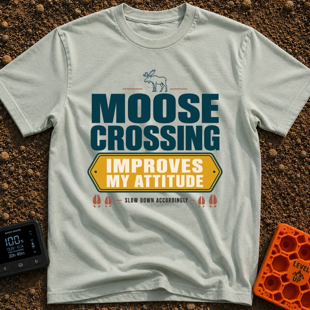 Moose Attitude Adjustment - T-Shirt in Bay - A graphic design featuring an illustration of a standing moose above large...