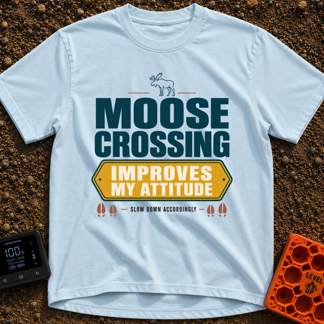 Moose Attitude Adjustment - T-Shirt in Chambray - A graphic design featuring an illustration of a standing moose above...