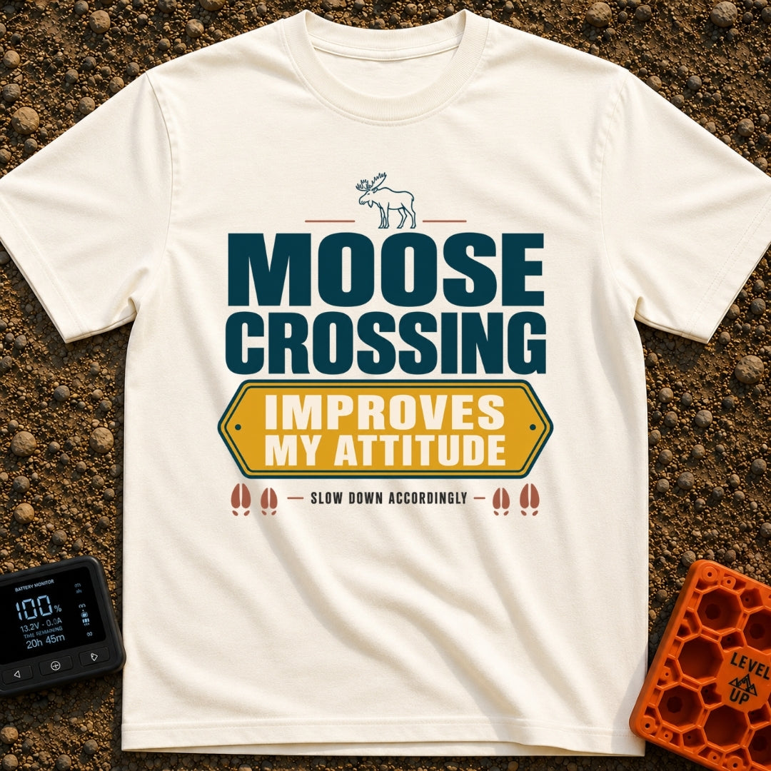 Moose Attitude Adjustment - T-Shirt in Ivory - A graphic design featuring an illustration of a standing moose above large...