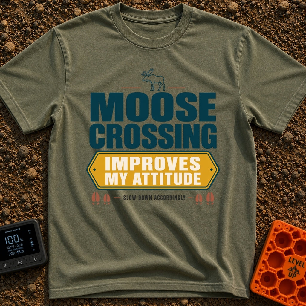 Moose Attitude Adjustment - T-Shirt in Moss - A graphic design featuring an illustration of a standing moose above large...
