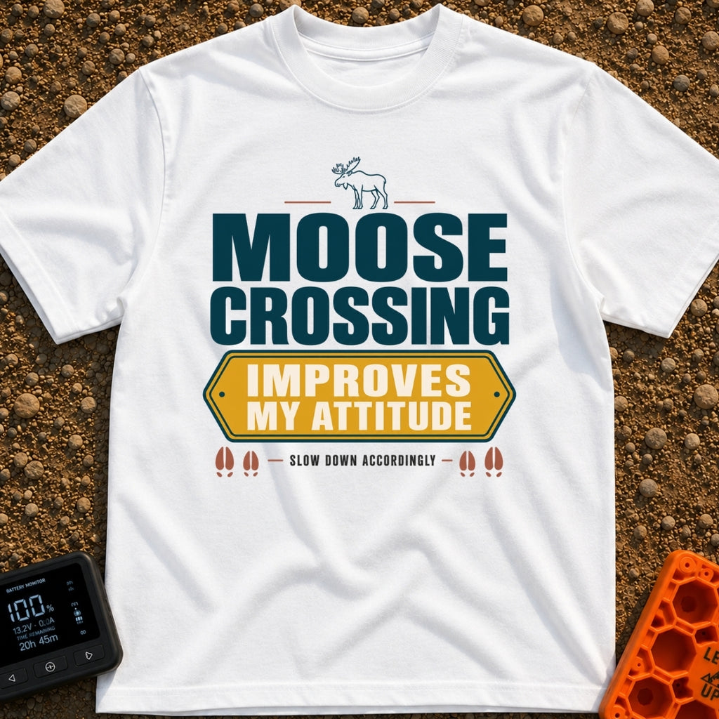 Moose Attitude Adjustment - T-Shirt in White - A graphic design featuring an illustration of a standing moose above large...