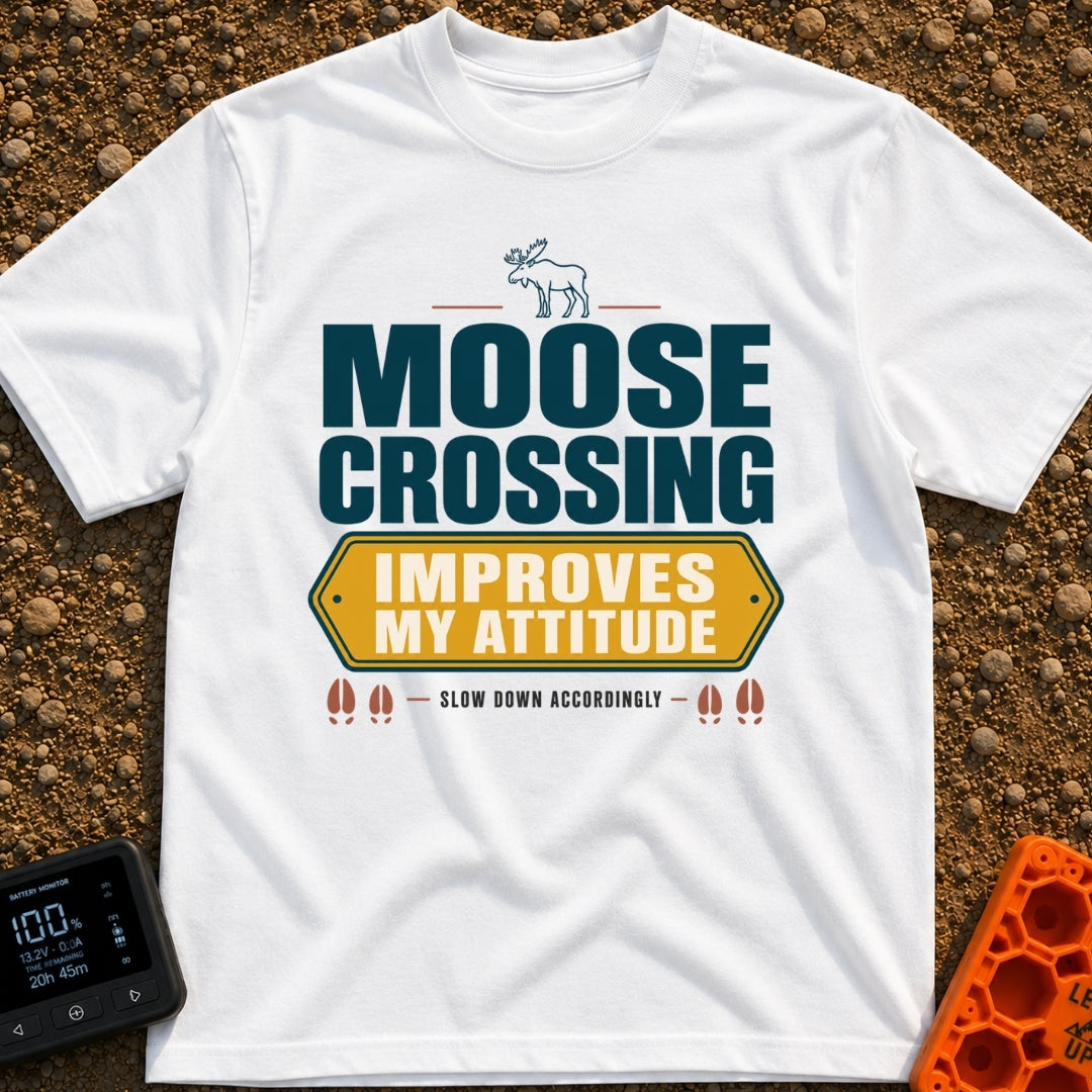 Moose Attitude Adjustment - T-Shirt in White - A graphic design featuring an illustration of a standing moose above large...