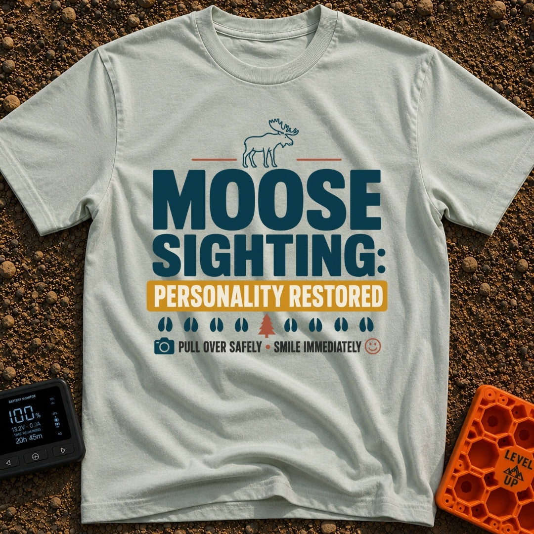 Moose Reset Mode - T-Shirt in Bay - A typographic design featuring a moose silhouette above the text "MOOSE SIGHTING:...