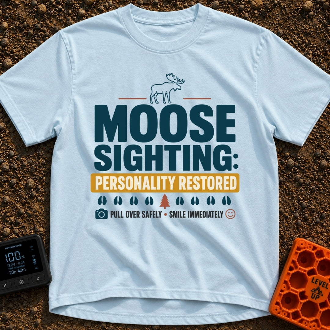 Moose Reset Mode - T-Shirt in Chambray - A typographic design featuring a moose silhouette above the text "MOOSE...