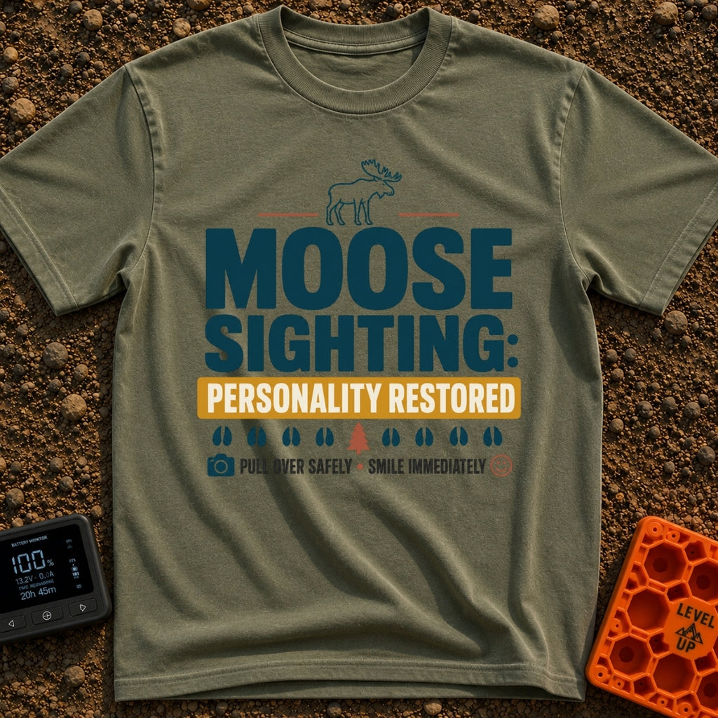 Moose Reset Mode - T-Shirt in Moss - A typographic design featuring a moose silhouette above the text "MOOSE SIGHTING:...