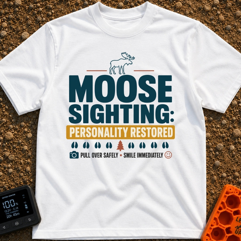 Moose Reset Mode - T-Shirt in White - A typographic design featuring a moose silhouette above the text "MOOSE SIGHTING:...