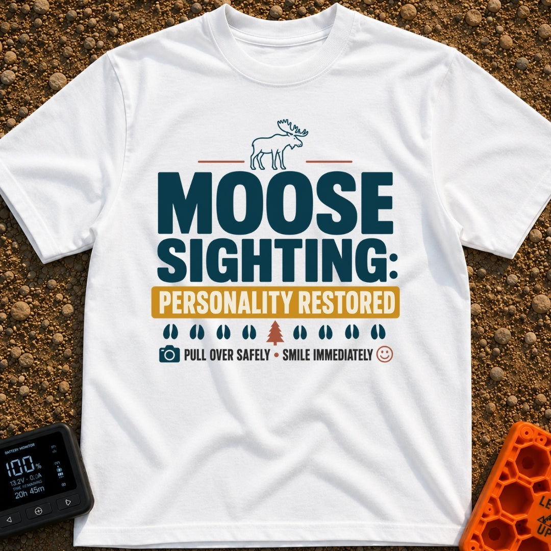 Moose Reset Mode - T-Shirt in White - A typographic design featuring a moose silhouette above the text "MOOSE SIGHTING:...