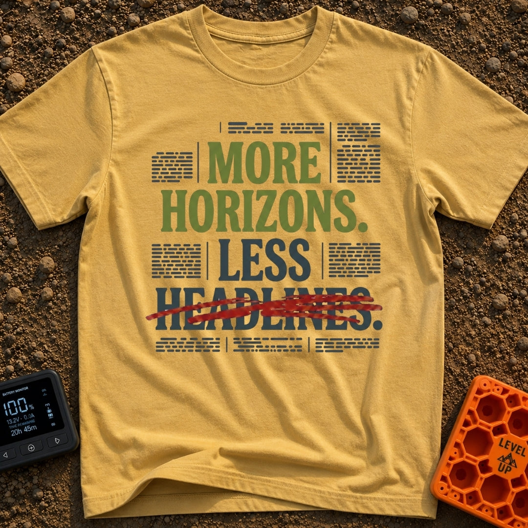 Views Over News - T-Shirt in Mustard - A text-based graphic featuring the phrase "MORE HORIZONS. LESS HEADLINES." with...