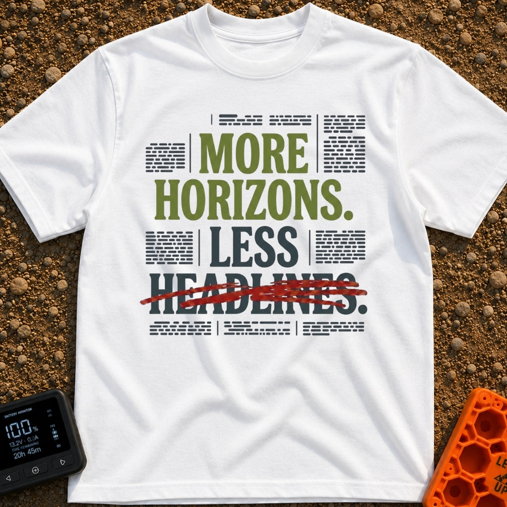 Views Over News - T-Shirt in White - A text-based graphic featuring the phrase "MORE HORIZONS. LESS HEADLINES." with the...