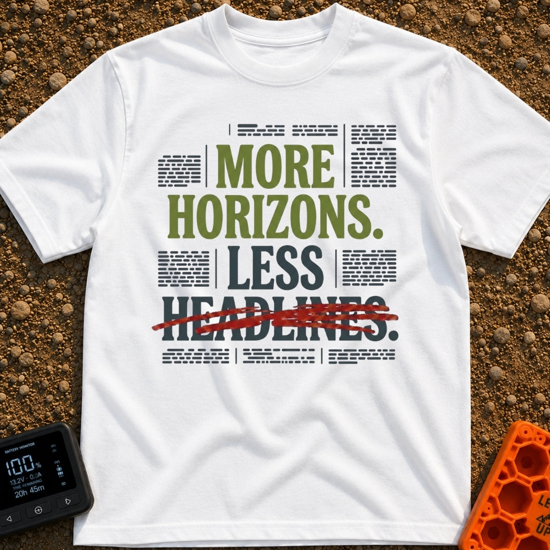 Views Over News - T-Shirt in White - A text-based graphic featuring the phrase "MORE HORIZONS. LESS HEADLINES." with the...