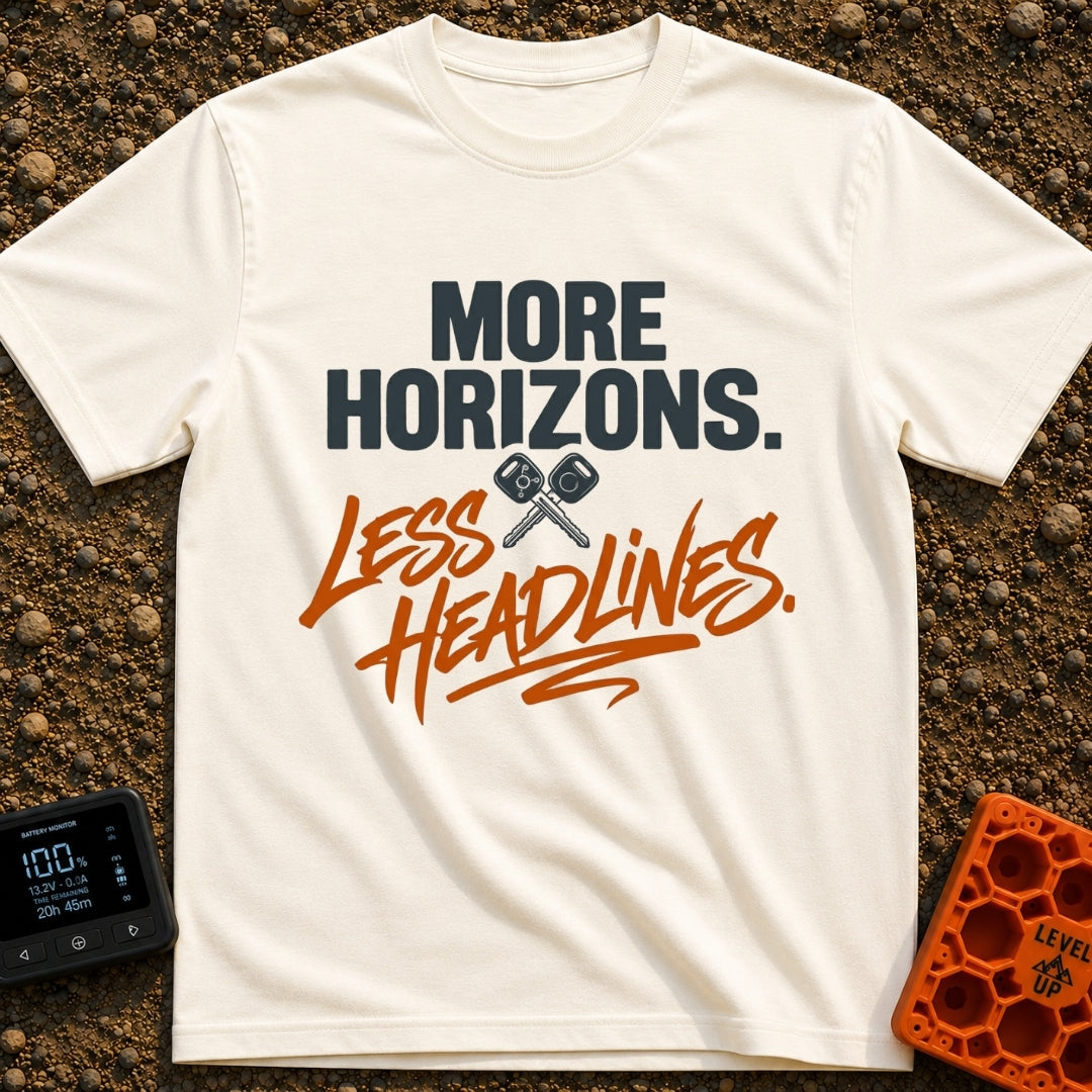 Horizons Over Headlines - T-Shirt in Ivory - A typographic design featuring the text "MORE HORIZONS." in dark block...