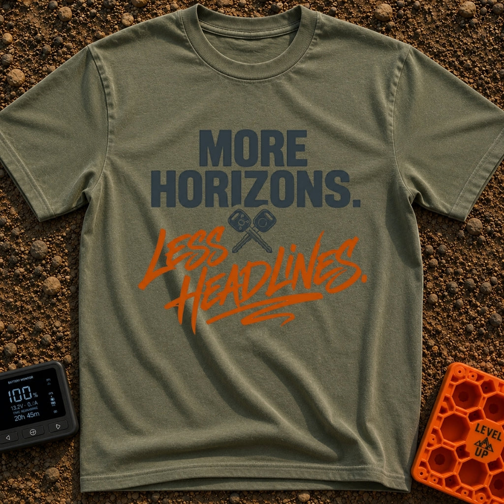 Horizons Over Headlines - T-Shirt in Moss - A typographic design featuring the text "MORE HORIZONS." in dark block...
