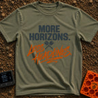 Horizons Over Headlines - T-Shirt in Moss - A typographic design featuring the text "MORE HORIZONS." in dark block...