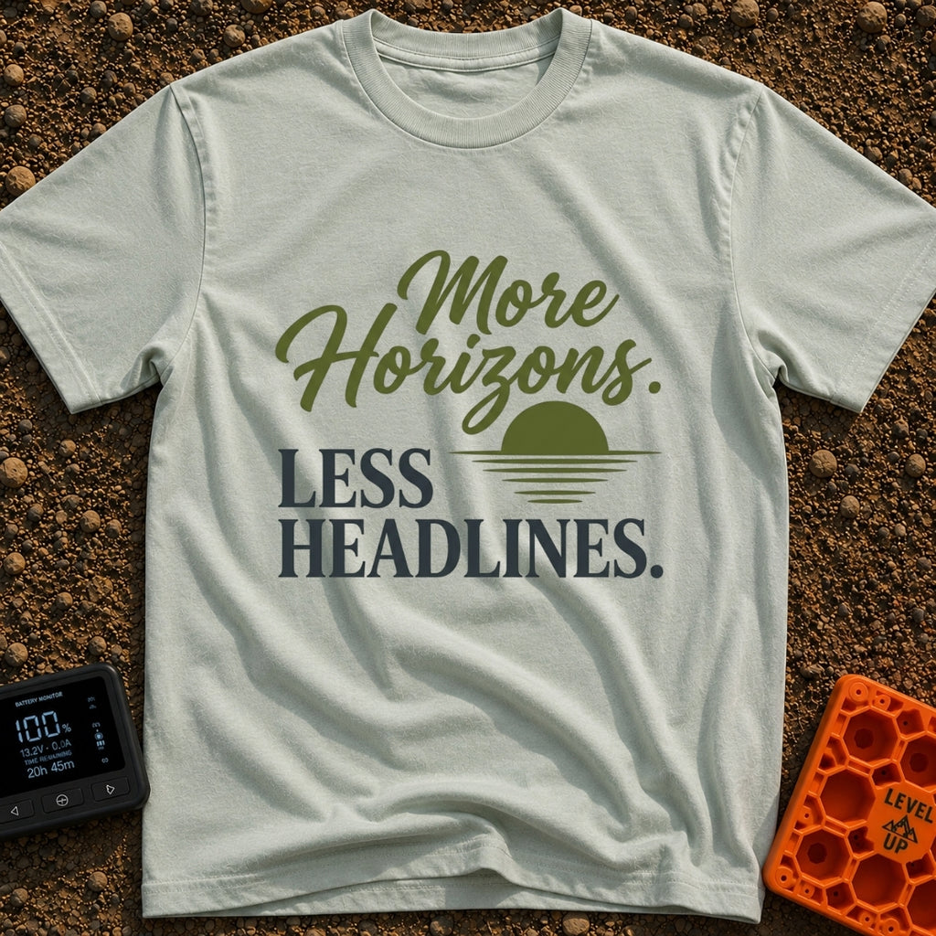 Horizons Over Headlines - T-Shirt in Bay - The design features the phrase "More Horizons." in an olive green script font...