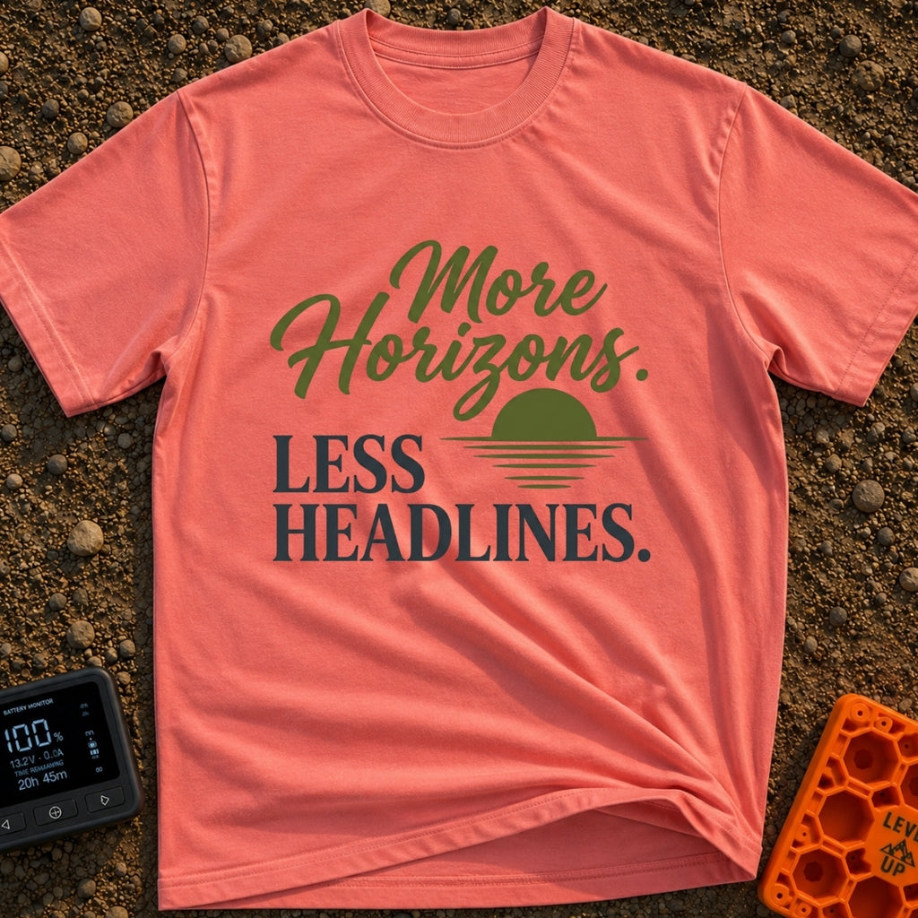Horizons Over Headlines - T-Shirt in Watermelon - The design features the phrase "More Horizons." in an olive green...