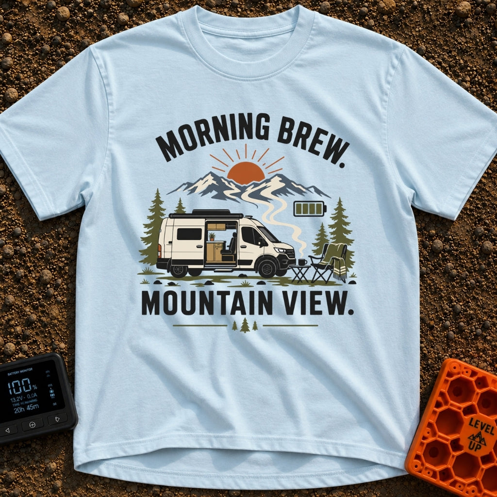 Brew With A View - T-Shirt in Chambray - A white camper van with its side door open to reveal interior cabinets and a...