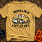 Brew With A View - T-Shirt in Mustard - A white camper van with its side door open to reveal interior cabinets and a...