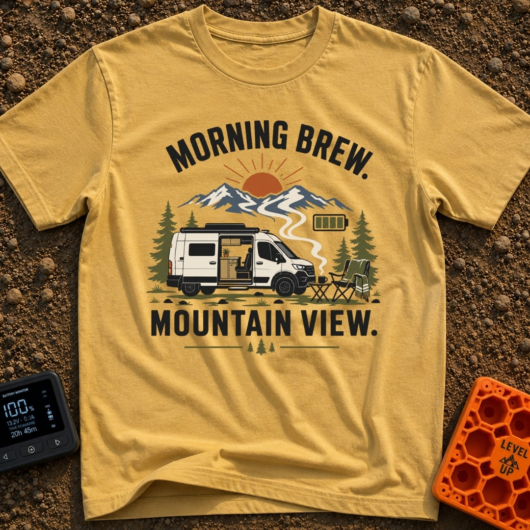 Brew With A View - T-Shirt in Mustard - A white camper van with its side door open to reveal interior cabinets and a...