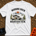 Brew With A View - T-Shirt in White - A white camper van with its side door open to reveal interior cabinets and a potted...